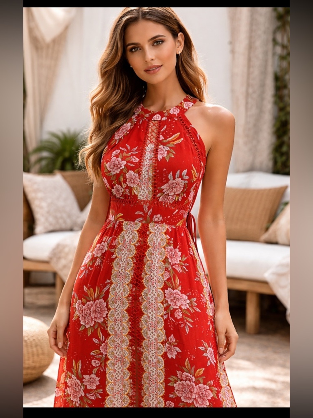 City Triangles‎ Floral Halter Maxi Dress Open Back Tie Reddish/Orange Medium NWT